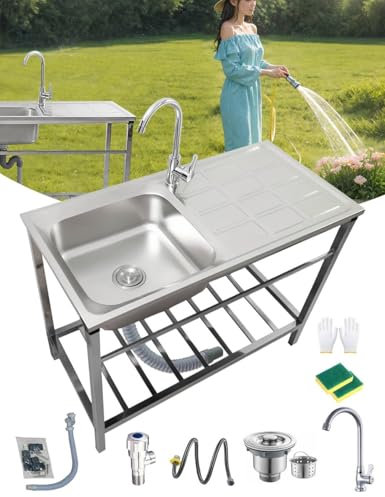 AutmDizyne Outdoor Spüle Edelstahl Freistehende Edelstahl Spültisch 304 Edelstahl Waschbecken Garten 1 Fach mit Wasserhahn und Ständer Wetterfest für Hotelküche Home Restaurant Wäscherei