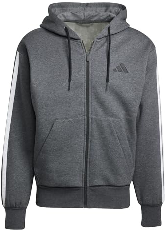 adidas Herren Essential Three Stripes Fleece Zipper Hoodie Sweatshirt, Dark Grey Heather/Black, M