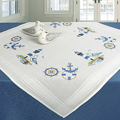 KAMACA Broderisats, bordsduk, förritad korsstygn komplett broderiset med broderimall, vuxna (Am Sea MD 80 x 80 cm)