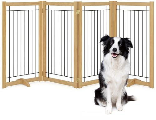 Acovy Drahtgitter für Hunde, Massivholzrahmen, kaufest, 4 Paneele, 91,4 cm Höhe, 203,2 cm Breite, freistehendes Haustiergitter für den Innenbereich, faltbar, Holzzäune für Treppen, Haus, Tür