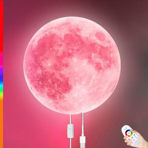LOGT LED Mond Wandleuchte mit Fernbedienung RGB Dimmbar Runde Wandlampe Innen mit Stecker und Kabel Mond Design Lampe Wand Deko Wandbeleuchtung APP Kontrolle Nachtlampe für Schlafzimmer,27CM