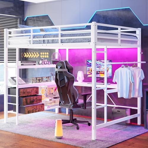 Hochbett Jugendbett 140x200, Kinderbett Etagenbett mit LED-Licht&USB Ladestation&Schreibtisch&3 Schubladen&Regale, Metallbett Doppelbett Bettgestell mit Rausfallschutz&Leiter, Ohne Matratze, Weiß