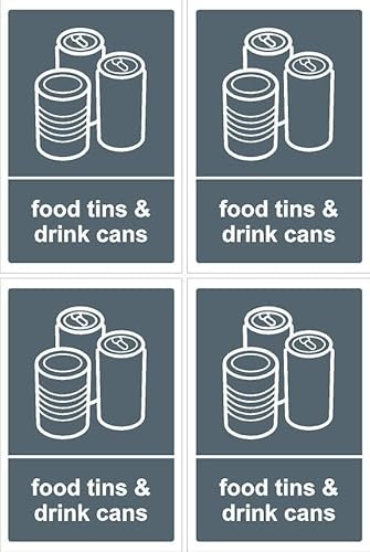 Food tins & drink cans recycling signs, 100x150mm, pack of 4 recycling stickers on A4 sheet