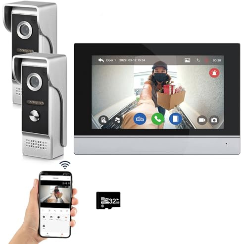 Sistema de intercomunicación de vídeo por cable Tuya WiFi 7 pulgadas de pantalla táctil 1080P timbre de la puerta inteligente Tuya APP Intercom Kit 2 desbloqueo de la puerta (2 Timbre+1 Monitor)