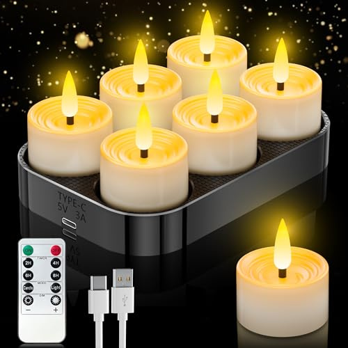Velas de té LED recargables con función de temporizador, 6 velas LED recargables, llama parpadeante, con mando a distancia y estación de carga, para salón, fiestas, Halloween y Navidad