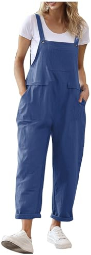 TURWXGSO Cotton Linen Dungarees for Women Clearance Summer Sleeveless Bib Overalls Plain Lightweight Casual Baggy Overalls Rompers Loose Fit Wide Leg Jumpsuits UK Size 8-16
