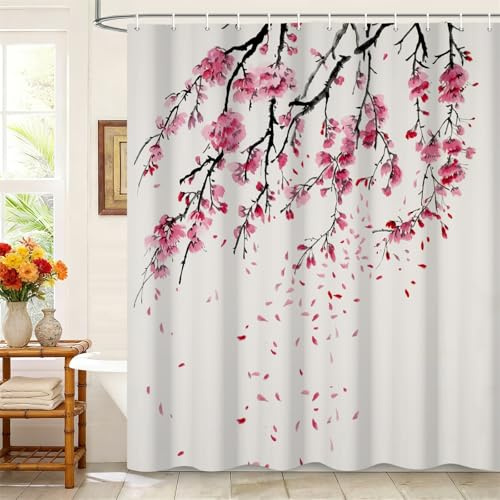 Kzzfqxb 152x183cm Tende da doccia floreali con ganci, Rami di pesco con fiori rosa e petali cadenti impermeabili occluso per vasca, elegante bello tessuto in poliestere per bagno delle ragazze