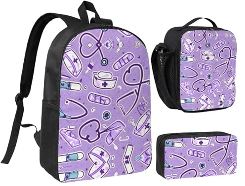 YQxwJL Mochila con estampado morado de 3 piezas con lonchera y estuche para lápices, para viajes, trabajo, camping, unisex
