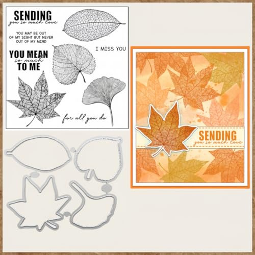 Sredwtk Blätter Ahornblätter Herbst Stanzschablonen und Stempelset,Stempel und Stanzen Set,Silikonstempel und Stanzen Set,Clear Stamp und Stanzschablone Für DIY Scrapbooking Fotoalbum Dekor Karten