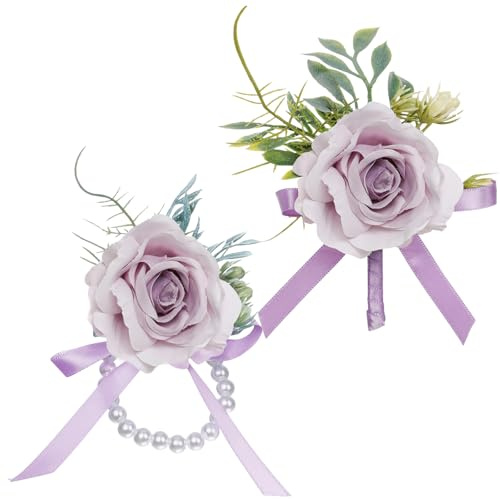RUGBOL Ansteckblume und Boutonniere-Set, Handgelenk-Ansteckblume für Brautjungfern, Mädchen, Frauen, Abschlussball, Heimkehr, Dekoration (Lila)