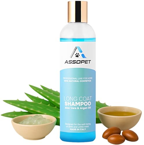 Shampoo per Cani Pelo Lungo 250ml – ASSOPET - Shampoo Scioglinodi Naturale con Olio di Argan Bio e Aloe Vera Bio – Mantello Morbido, Lucente e Setoso – Sicuro, Delicato, 100% Vegan, Made in Italy