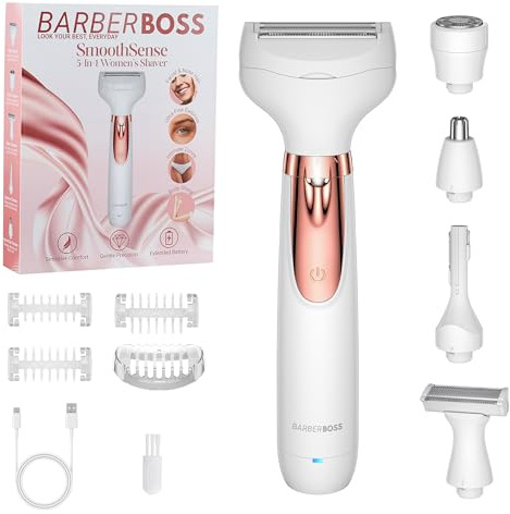 BarberBoss Afeitadora Eléctrica 5 en 1 para Mujer, Kit de Depilación Recargable, Afeitadora Femenina para Cuerpo, Bikini, Rostro, Nariz y Cejas, Afeitadora Inalámbrica Mujer en Seco y Húmedo, QR-8005