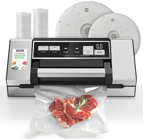 Mesliese Vacuum Sealer 95kPa 140W 20L/min Double Seal +2 Lids | For Leak-Proof Storage, Built-In Cutter & Roll Storage, Dry/Moist Modes, Pulse & Marinate, 2 Rolls