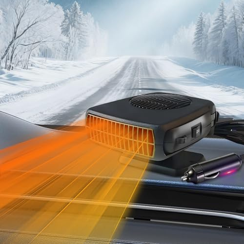 200W Chauffage Ventilateur de Voiture 12V, Portable Chauffage et Désembueur avec Base Pivotante 360° et Prise Allume-Cigare - Idéal pour Auto, Bus, Taxi, SUV