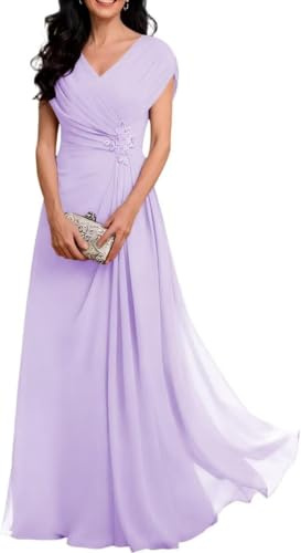 Vestido largo plisado de gasa con cuello en V para mujer, para invitada de boda, Lila, 50 Grande