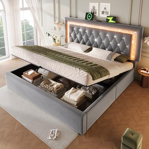 RIAZOS Polsterbett 160x200 cm, Doppelbett mit Hydraulischem Stauraum, Kopfteil mit LED USB & Type-C Ladestation, Erwachsenenbett, Bettgestell mit Lattenrost, Samt, Grau, ohne Matratze