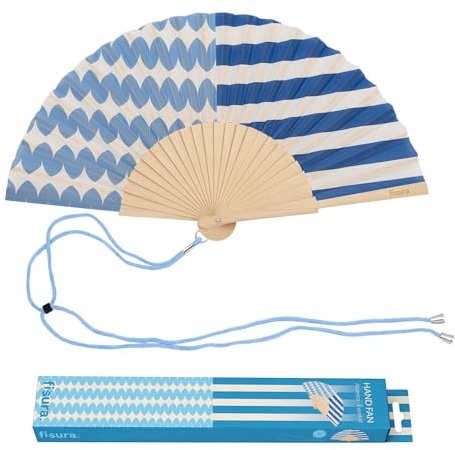 Fisura – Éventail en Bois Motif Rayures et Vagues Bleu, Accessoire à Main Moderne avec dragonne Incluse, Style Estival coloré pour Plage, Voyage et Festival, idée Cadeau Femme 42,5 x 23 cm