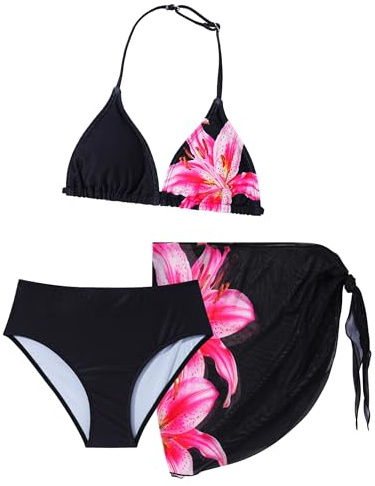 FEOYA Flicka bikini set 3 delar mode barn baddräkt med kjol sport tonåring badmode sommar strand 8–12 år, svart, 12 år