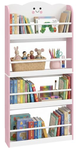 AIYAPLAY Bibliothèque Murale pour Enfant Rangement Livre 4 Niveaux Rose | Meuble de Rangement Thème Barbe à Papa, Étagère Chambre Enfant, Salle de Jeux