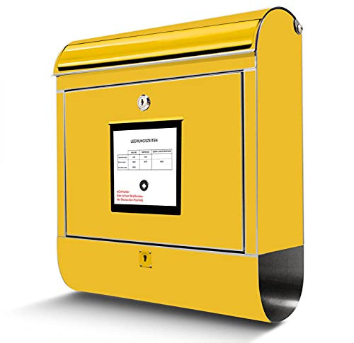 banjado® Briefkasten Edelstahl mit Motiv Briefkasten Gelb 38x43x12cm & 2 Schlüssel - rostfreier Edelstahl Briefkasten mit Zeitungsfach - Postkasten A4 Einwurf inkl. Montagematerial
