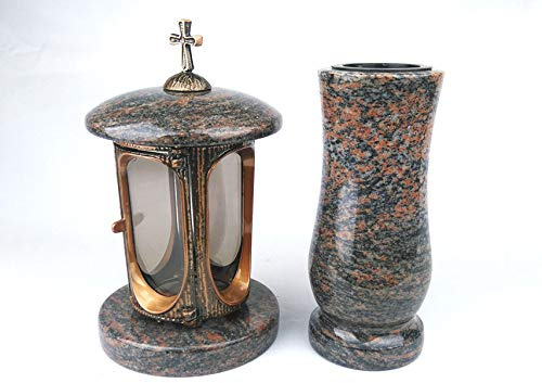 designgrab Tombe Lampe en Aluminium messingfarbenem Aspect Ancien avec Croix en Aluminium et Vase funéraire en Taille de Medium en Granit gneis Halmstad/barap/Hollandia