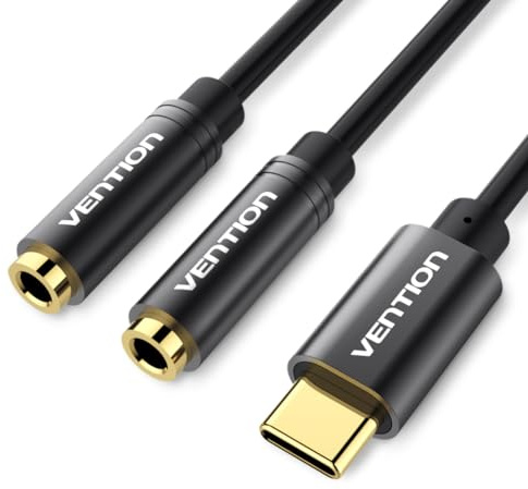 VENTION Type C auf 2X 3,5mm Klinken Buchse Audio Adapter, USB C Stecker auf Doppel 3,5 mm Kabel Audio Adapter Konverter Extern für Huawei Serie, MacBook Pro, iPhone, Samsung S23 / S23 Ultra, etc.