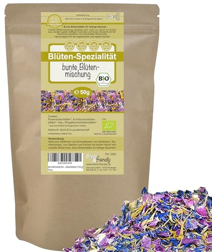 direct&friendly | 50g | Bio Bunte Blütenmischung | farbenfrohe Essblüten-Mischung aus Rosen-, Ringelblumen- und Kornblumenblütenblättern