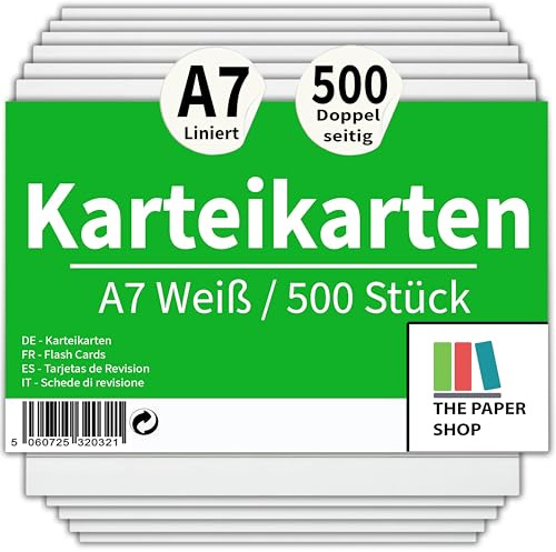 The Paper Shop Fiches Bristol A7 Lignées Blanches | 500 Fiches de Révision 127 × 76 mm (5 × 3) | Flashcards Index Cards pour École Études Apprentissage Organisation Notes