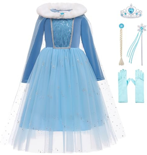 KANDEMY Mädchen Prinzessin Kostüm mit Umhang Eisprinzessinnen Kleid Kinder Geburtstag Fasching Karneval Kostüme Cosplay Verkleidung Party Blau-K35 140