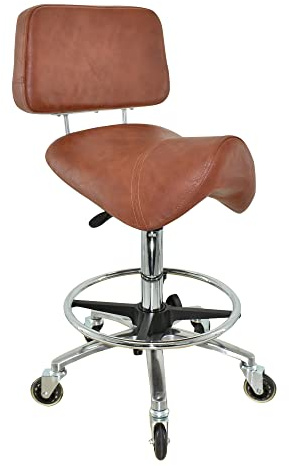 VAKON SALON - Breiter Sattelhocker mit Lehne Hellbraun, Sattelstuhl für Rückenentlastung, Rollhocker höhenverstellbar von 55-75 cm mit Fußring, Drehhocker, Praxishocker, Bürohocker, Arbeitshocker