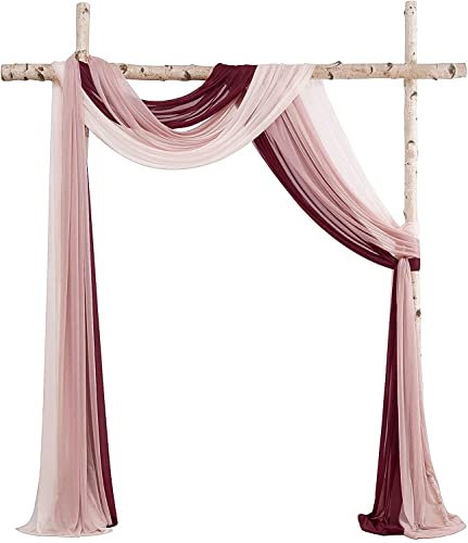 Dloapesy Wedding Party Reception Arch Draping Fabric 3 Panels 30 x 20Ft Chiffon Fabric Drapery Wedding Ceremony Reception Swag Decorations (3PCS, Dusty Rose + Burgundy + Blush)