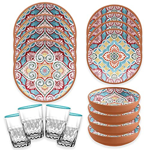 Rio Corte Melamine/Plastic Outdoor Dinnerware & Cantina Aqua Tumblers Set (4)