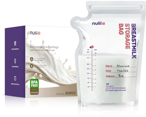 Nuliie 300 Pezzi Sacchetti Latte Materno, 250ml Contenitori Latte Materno Sterili, Contenitore Latte Materno con Beccuccio Allattamento, Senza BPA, Buste Resta in Piedi Da Sola, Salva Spazio