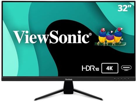 ViewSonic VX3267U-4K 4K UHD 32 Inch IPS Monitor with 65W USB C, HDR10 Content Support, Ultra-Thin Bezels, Eye Care, HDMI, and DP Input, Black