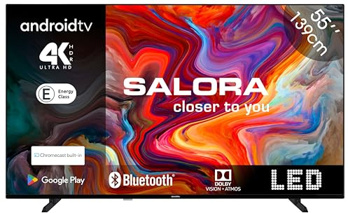 SALORA SMART55TV – Smart TV LED 55 Pulgadas (3840x2160) 4K UHD HDR, Android TV, Wi-Fi y Bluetooth, 3 HDMI, Dolby Vision/Atmos, Chromecast, Pantalla LED, diseño Compacto y Clase Energética E