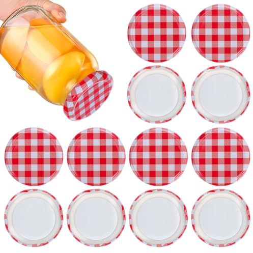 Angoily 40Pcs Jam Jar Lids 63mm - Vintage Red Gingham Twist-Off Tinplate Caps with Silicone Seal - Rust-Resistant Metal Replacement Covers for Glass Preserving Jars Food Storage and Canning