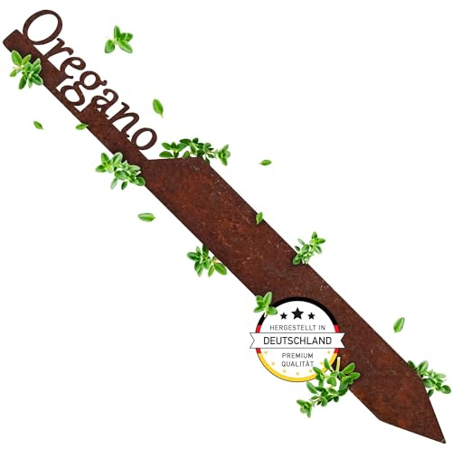 EXTRAVAGANT® Gartenstecker „Oregano“ Kräuterstecker Kräuterschilder Pflanzenschilder Pflanzenstecker Metall Stahl Rost Edelrost wetterfest für Garten Beet Gartenschilder Gartendeko Roststecker