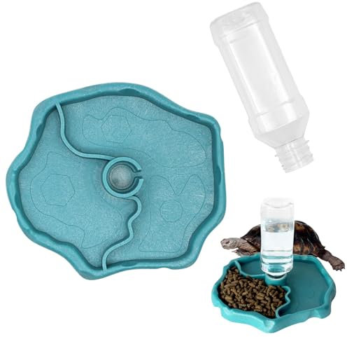 Taicols Schildkröten Wasserschale, Reptilien Wasserspender, Schildkröten Wasserspender mit Flasche, 2 in 1 Reptilien Automatisierte Futterspender, für Schildkröten, Hamster, Eidechse (Blau)