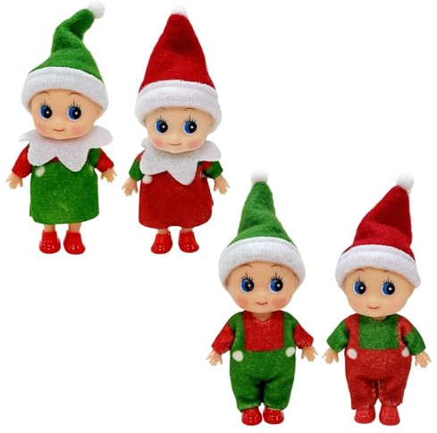 Mienocol 4 Stück Weihnachtselfen Figuren Mini Elfen für Jungen Mädchen,Rot Grüne Mini Puppe Elf Weihnachten Baby Winziger Weihnachtself für Weihnachten Neujahr Geschenk,Weihnachtsstrumpffüller