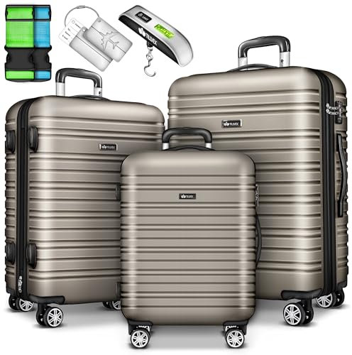 tillvex® Reisekoffer Set 3-TLG. mit Gepäckwaage, 6X Koffergurte und 3X Kofferanhänger | Hartschale Kofferset 4 Rollen | Trolley Gepäck Koffer mit TSA Schloss | Rollkoffer Hartschalenkofferset M-L-XL