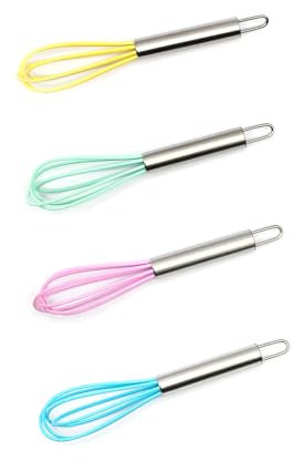 Mini Whisks 6 inch 4Pcs silica gel stainless steel Whisk, Hand Egg Mixer for Flour Cake Egg, Kitchen Cooking Baking Use Whisk （purple，yellow，cyan，blue）