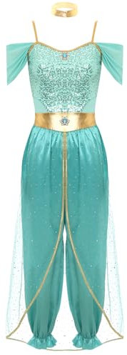 Jugaoge Damen Bauchtanz Kostüm Schulterfrei Jumpsuit Pailletten Overall mit Pumphose Glitzer Tüll Baggy Pants Einteiler Lang mit Choker Prinzessin Cosplay Outfits Türkis XXL