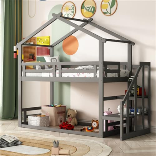 Tcewhhy Kinderbett 90x200 cm Niedriges Etagenbett Mit Sicherheitstreppe Hochbett Mit Absturzsicherung Hausbett Massivholz Lattenrost Jugendbett Bodenbett Grau