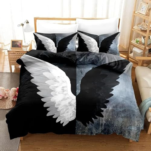 KQZVCU Bettbezug-Set mit Flügeln und Federn, Schwarz-Weiß-Bettwäsche-Sets, Bettdeckenbezug-Set, King-Size-Größe für Schlafzimmerdekoration, 200 x 200 cm/48 x 75 cm x 2