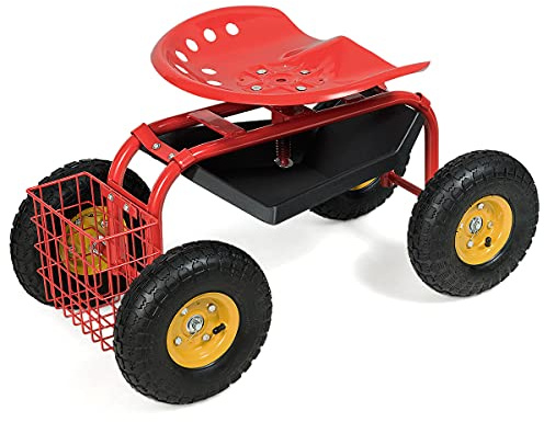 RELAX4LIFE Sgabello da Giardino per Esterno, Portata 130 kg, Sedia Carrello da Giardino con 4 Rotelline, Altezza Regolabile, Sgabello per Giardinaggio Potatura Orto(Rosso)