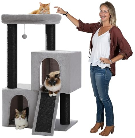 PETEPELA Grand Arbre a Chat, Arbre à Chat Design Moderne avec Poteaux XXL 11 cm en Sisal, Double Condos Spacieux & Perchoir Confortable de 52 * 54 cm, 114 cm, Noir-Gris