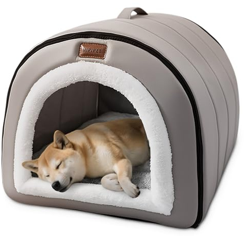 ALLSOPETS Cama Cueva para Perros, Cama Auto-Calefactable 2-en-1 Plegable para Gatos y Perros Pequeños y Medianos, Casa Iglú para Gatos Tienda Mascotas con Techo y Asas (Gris Niebla, M)