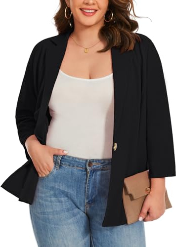 LADI TREND 3/4 Sleeve Summer Lightweight Plus Size Black Blazers Jackets for Womens UK Casual Business Suit Blazer for Banquet Proms (Black 2XL)