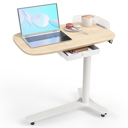 WALKINGDESK Mobilt stående skrivbord med 3 rullande hjul, Höj- och sänkbart laptopbord, pneumatiskt sidobord extra vagn med låda, för kontor, sovrum, eller vardagsrum, Ek