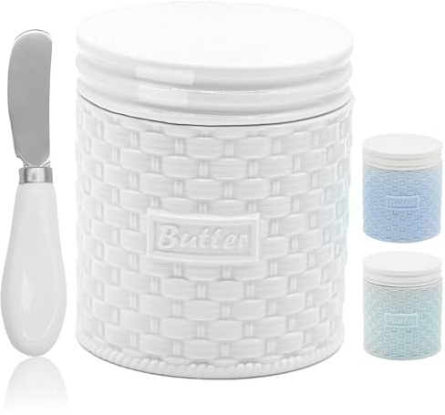 Beurrier français blanc avec couvercle, un beurrier français en céramique de comptoir pour tartiner le beurre à tartiner, gardien de beurre en céramique à laisser sur le comptoir avec ligne d'eau